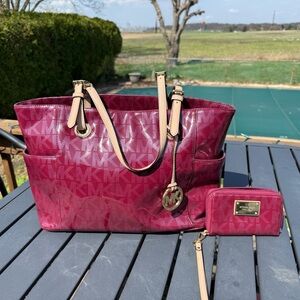 Michael Kors Magenta Patent Logo Tote with Matching Wristlet